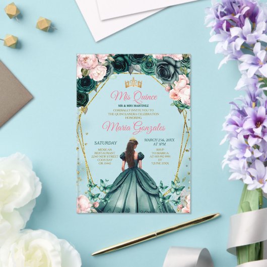 Roze Quinceañera Emerald Groen Gouden Kroon Bloeme Acryl Uitnodigingen (Insitu (Huwelijk))