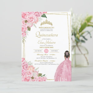 Roze Quinceanera Floral Roos Quince Elegant Dress Kaart
