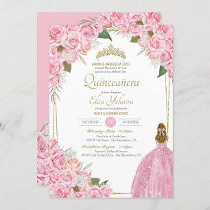 Roze Quinceanera Floral Roos Quince Elegant Gown Kaart