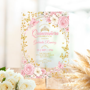 Roze Quinceañera Gouden Vlinders Rozen Acryl Uitnodigingen