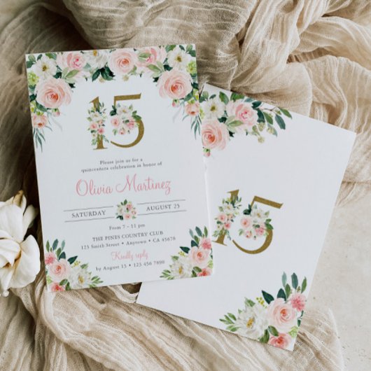 Roze Quinceañera Verjaardag Uitnodiging Blush Bloe