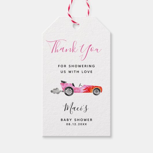 Roze Race Auto Baby shower Gift Labels Cadeaulabel (Voorkant)