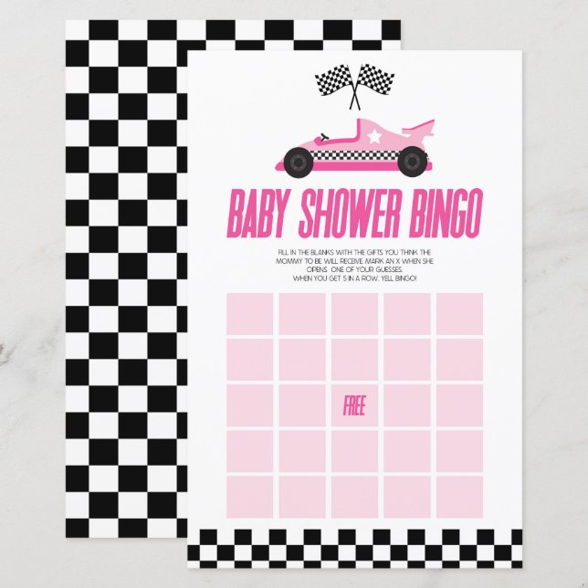 Roze Race Auto Bingo Baby shower Spel (Voorkant / Achterkant)