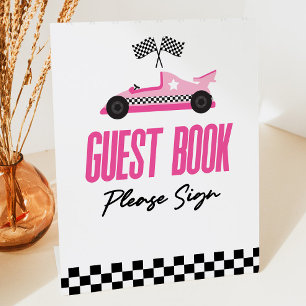 Roze Race Auto Racecar Gastenboek Party Reclamebord Met Voetstuk