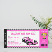 Roze Race Auto Ticket Pass Meisje Verjaardagsfeest Kaart (Staand voorkant)