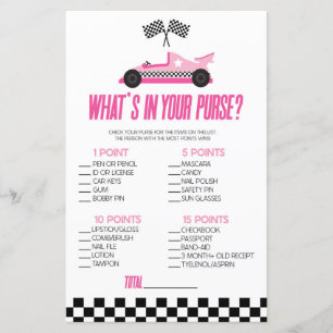Roze Race Auto Wat is er in Purse Baby shower spel