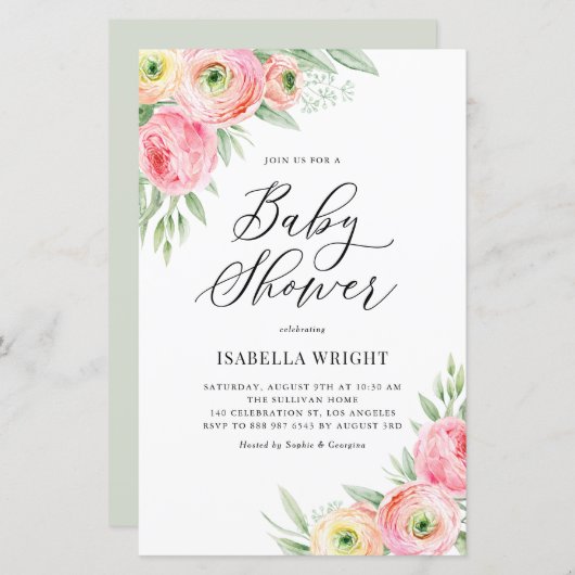 Roze Ranunculus Spring Baby shower Invitation (Voorkant / Achterkant)