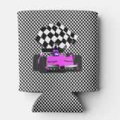 Roze rassenauto met gecheckte vlag blikjeskoeler (Achterkant)