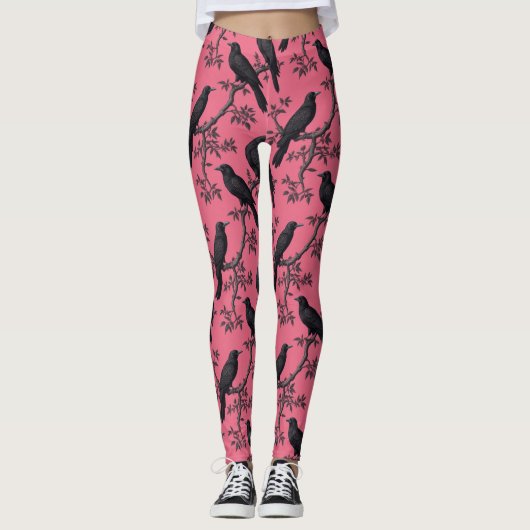 Roze Raven Birds Pattern Leggings (Voorkant)