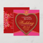 Roze Red Heart Gold Lace Wedding Invitations Kaart (Voorkant / Achterkant)