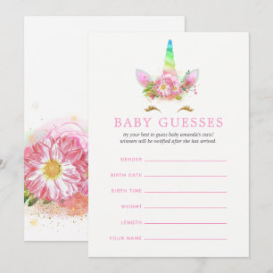 Roze regenboog Unicorn Girl Baby shower Baby Guess Kaart