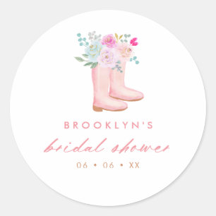 Roze regenlaarzen en bloemen bruiloftsfeest cadeau ronde sticker