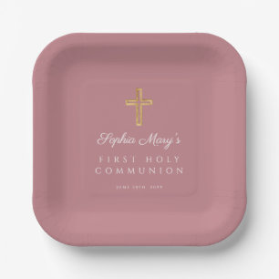Roze Religieus Kruis Meisje Eerste Communie Papieren Bordje