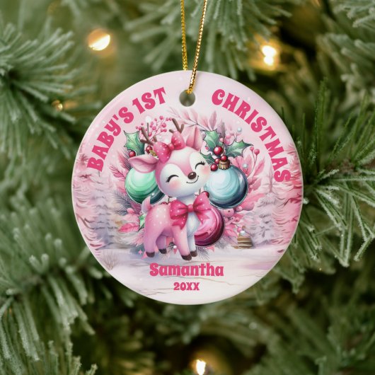 Roze rendier Baby 1e kerst Foto Ornament (Boom)