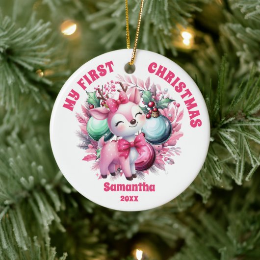 Roze rendier baby's eerste kerst Ornament (Boom)