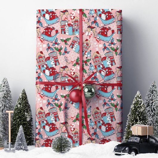 Roze rendier kerstdorp cadeaupapier