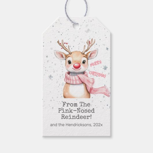 Roze Rendier Kerstmis Cadeaulabel (Voorkant)