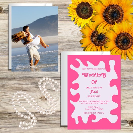 roze retro 70s bruiloft kaart