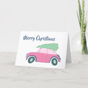 Roze Retro Auto en Boom Fantasievolle Kerst Kunst Feestdagen Kaart