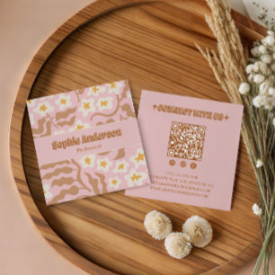 Roze Retro Bloemencode QR Code Vierkante Visitekaartje