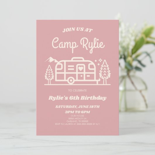 Roze Retro Camper Camp Out Camping Verjaardagsfees Kaart (Staand voorkant)