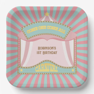 Roze Retro Carnaval verjaardagsuitnodigingen Papieren Bordje