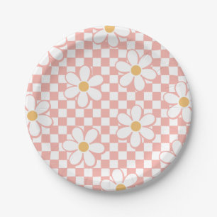 Roze Retro Checker Daisy-verjaardagspapieren Borde Papieren Bordje