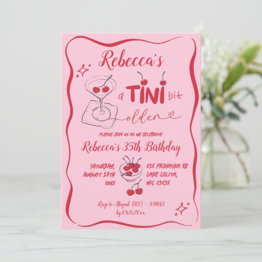 Roze Retro Cherry Tini bit Oudere Volwassen Verjaa Kaart (Staand voorkant)