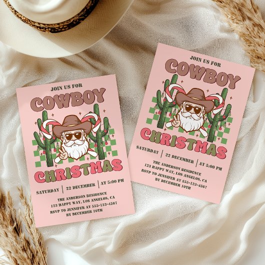 Roze Retro Cowboy Kerstfeest Kaart