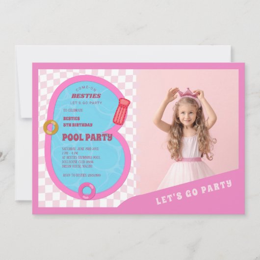 Roze Retro Doll Zwembad Verjaardag Fotofeestje Kaart (Voorkant)
