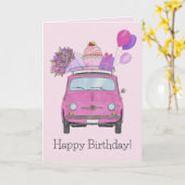 Roze retro Fiat 500 Birthday Kaart (Gele Bloem)