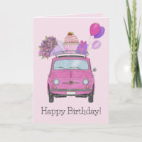 Roze retro Fiat 500 Birthday Kaart
