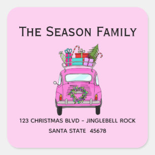 Roze Retro Fiat 500 met kerstcadeaus Vierkante Sticker
