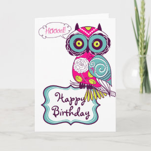 Roze Retro Floral Owl Happy Birthday-kaart Kaart