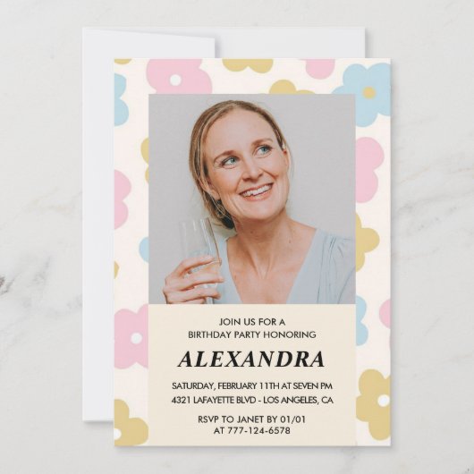 Roze Retro Foto Bloemen 64e verjaardag uitnodiging (Voorkant)