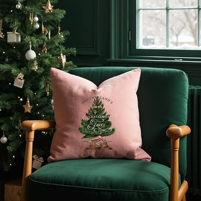 Roze Retro Fun  Boerderij Fresh Tree Monogram Kussen (Pink Retro Fun Vintage Farm Fresh Tree Monogram Throw Pillow)