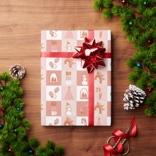 Roze Retro Geruite Snoep Cane Snowman Tree Cadeaupapier (Feestdagen Geschenken)