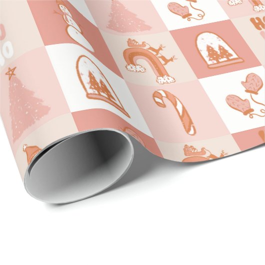 Roze Retro Geruite Snoep Cane Snowman Tree Cadeaupapier (Rol Hoek)