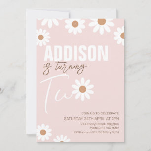 Roze Retro Girls Daisy 2e verjaardag Uitnodiging