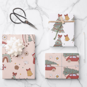 Roze Retro Groovy Auto Kerstboom Inpakpapier Vel
