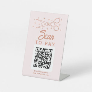 Roze Retro Haarstylist Scan om QR-code te betalen Reclamebord Met Voetstuk