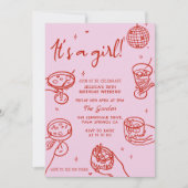 Roze Retro Hand getrokken Baby shower Uitnodiging (Voorkant)