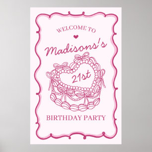 Roze Retro Hart Coquette Cake Verjaardag Welkom Poster