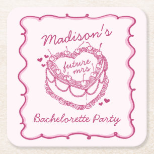Roze Retro Hart Coquette Cherry Cake Bachelorette Vierkante Kartonnen Onderzetter