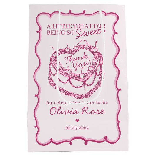 Roze Retro Hart Coquette Cherry Cake Bruids Douche Medium Cadeauzakje (Achterkant)