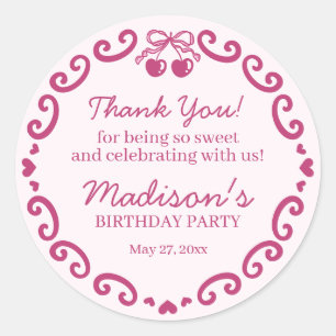 Roze Retro Hart Coquette Cherry Cake Verjaardag Ronde Sticker