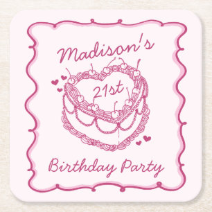 Roze Retro Hart Coquette Cherry Cake Verjaardag Vierkante Kartonnen Onderzetter