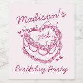 Roze Retro Hart Coquette Cherry Cake Verjaardag Wijn Etiket (Enkel label)