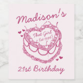 Roze Retro Hart Coquette Cherry Cake Verjaardag Wijn Etiket (Enkel label)