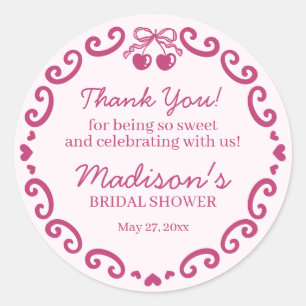 Roze Retro Hart Coquette Kersencake BruidsShower Ronde Sticker